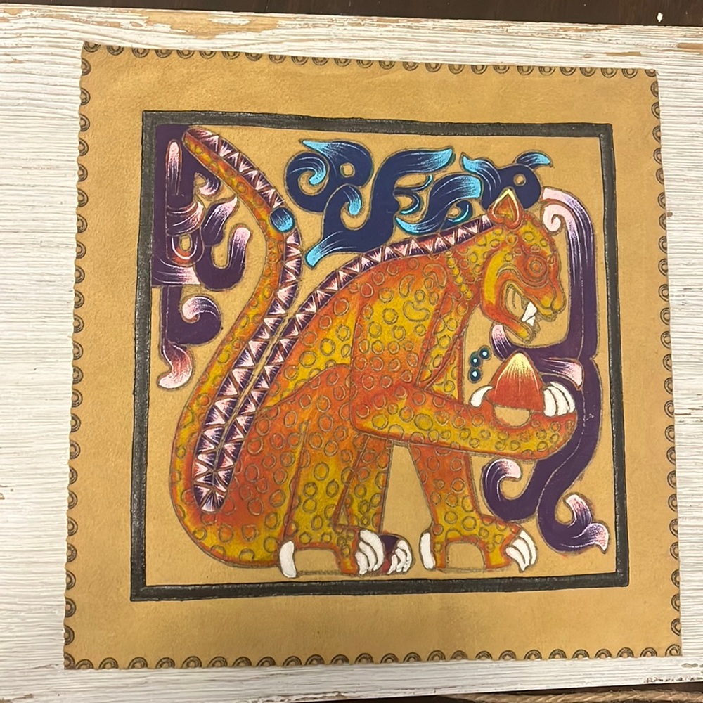 Gorgeous hand painted jaguar on suede.  Mexico. Purchased around 2003 in Tecate